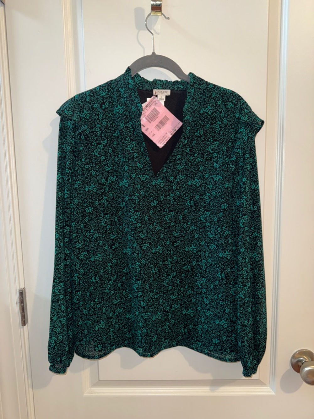 J. Crew Factory Green and Black Floral V-Neck Long Sleeve Blouse Ruffle Detail